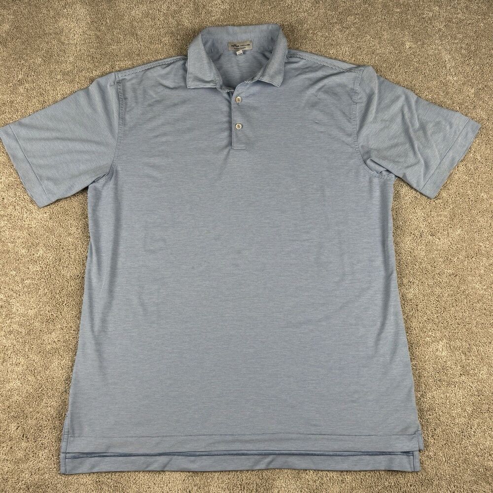 Peter Millar Summer Comfort Polo Shirt Men Blue White Striped Stretch Golf Large